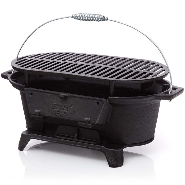 BBQ Nerd Holzkohlegrill Hibachi 50 x 25 x 23 cm Massiver Campinggrill aus Gusseisen Mobiler Tischgrill mit Tragegriff Gusseiserner Grilltopf