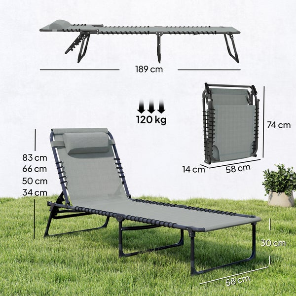 Klappbare graue Gartenliege mit Kissen. Maße: Länge 189, Breite 58, Höhe 34 bis 83 Zentimeter. Belastbarkeit bis 120 Kilogramm.