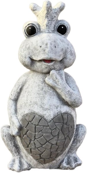 Gartenfigur Froschkönig in Steinoptik mit Krone und Mosaik-Herz auf dem Bauch.