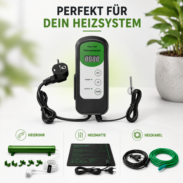 Digitaler Thermostat für Heizmatten und Heizsysteme mit Temperatursensor und Steckdosenanschluss zur präzisen Temperatursteuerung.