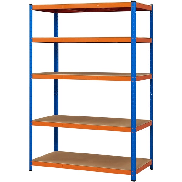 Schwerlastregal aus Metall mit fünf Holzböden, blau und orange, Stecksystem für Garage und Werkstatt.