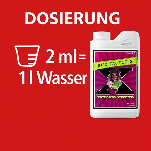 Dosierungshinweis für Bud Factor X: 2 Milliliter auf 1 Liter Wasser.