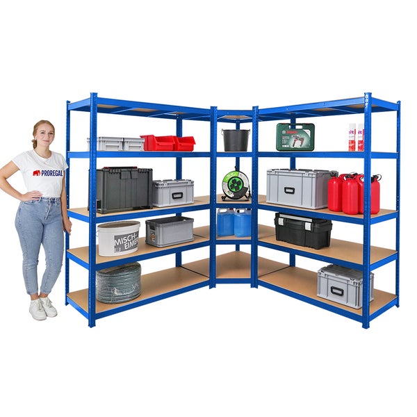 PROREGAL Mega Deal 1 x Eckregal & 2x Schwerlastregal Taurus HxBxT 180 x 210 x 60 cm Fachlast 175 kg Blau Kellerregal Steckregal Garagenregal