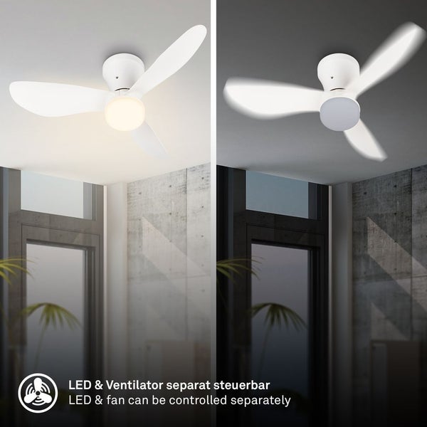 Deckenventilator mit integrierter LED-Beleuchtung. LED und Ventilator sind getrennt steuerbar. Modernes Design in einem hellen Raum.