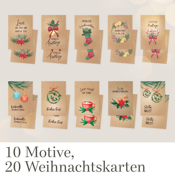 Weihnachtskarten mit Umschlag Set - 20 Karten Weihnachten Set - A6 Christmas Cards - Weihnachtskarte Postkarten -Weihnachtsgrußkarten Set - Weihnachtspostkarten Set für Weihnachten - Set Klein