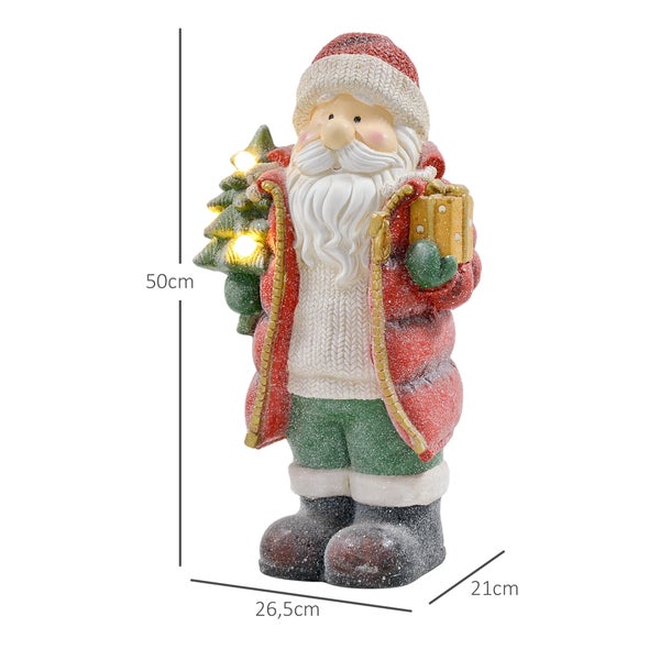HOMCOM Weihnachtsdeko Figur, Weihnachtsmann mit Weihnachtsbaum und Geschenk, 50 cm Weihnachtsfigur mit LED-Licht, Dekofigur zu Weihnachten, für In- und Outdoor