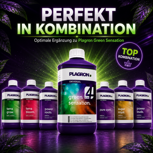 Plagron Düngemittel Sortiment für Pflanzen mit Plagron Green Sensation im Zentrum zur optimalen Nährstoffversorgung.