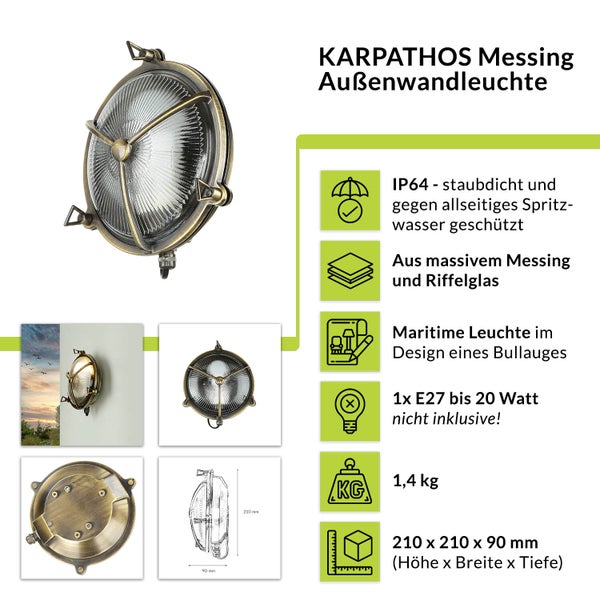 Karpathos Messing Außenwandleuchte, geeignet für den Außenbereich