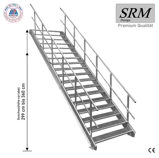 Verzinkte Stahltreppe mit Gitterroststufen, Geländer beidseitig, Geschosshöhe 299 bis 360 Zentimeter. SRM Design Logo, EN 1090-1 und CE-konform.