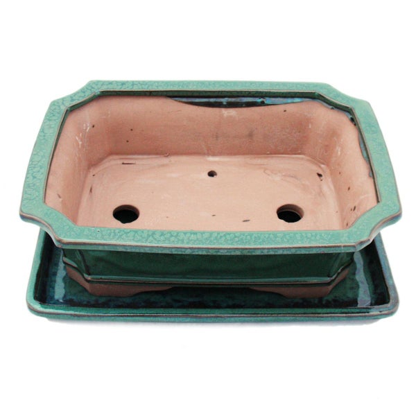 Rechteckige Bonsaischale mit passender Untertasse und Drainagelöchern