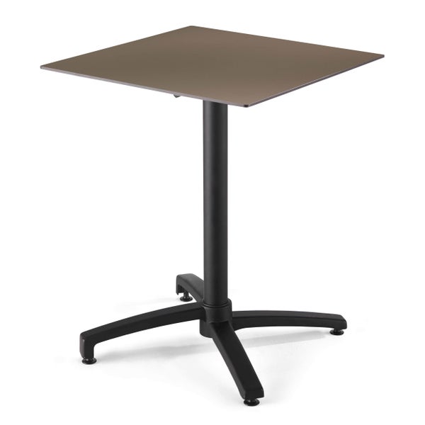 Quadratischer Bistrotisch mit grauer Tischplatte und schwarzem Mittelfußgestell aus Metall.