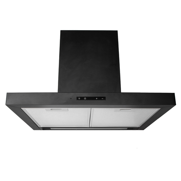 Schwarze Dunstabzugshaube mit Kamin, Touch-Bedienfeld und zwei Metall-Fettfiltern.