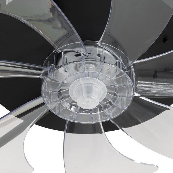 Detailansicht eines Ventilators mit transparenten Kunststoffflügeln und zentraler Nabe.
