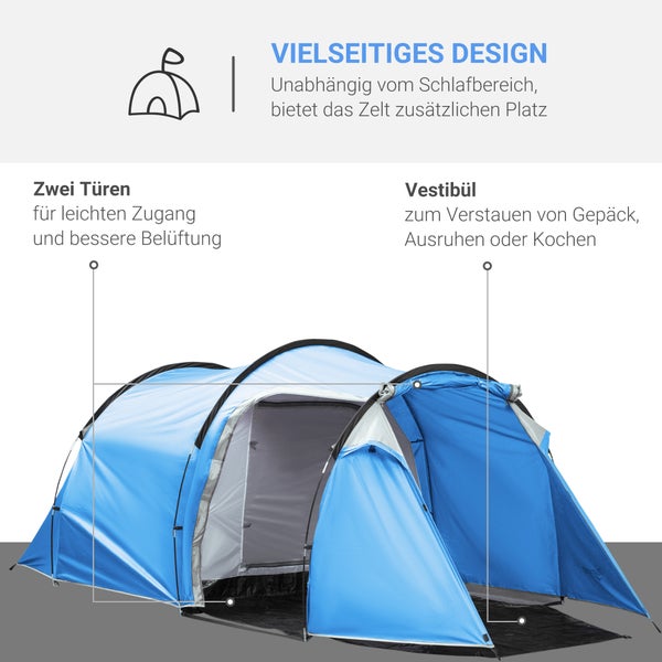 Outsunny Campingzelt, für 2-3 Personen, 190T Tunnelzelt Campingzelt mit Heringen, Glasfaser, Polyester, 426 x 206 x 154 cm, Hellblau