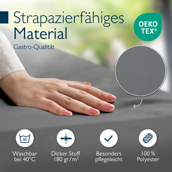 Strapazierfähiger Polyester in Gastro-Qualität, Oeko-Tex zertifiziert, waschbar bei 40 Grad, 180 Gramm pro Quadratmeter, 100 Prozent Polyester.