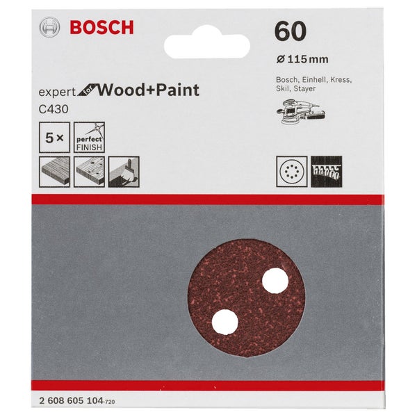 Bosch 5x Schleifblatt C430 Expert for Wood 8 Löcher Klett 115 mm K60 - 2608605104