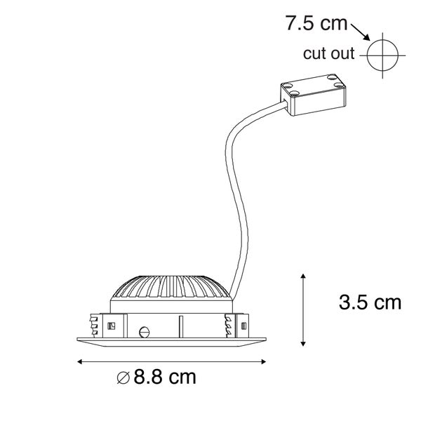 Technische Zeichnung Einbaustrahler: Durchmesser 8,8 Zentimeter, Einbautiefe 3,5 Zentimeter, Lochausschnitt 7,5 Zentimeter.