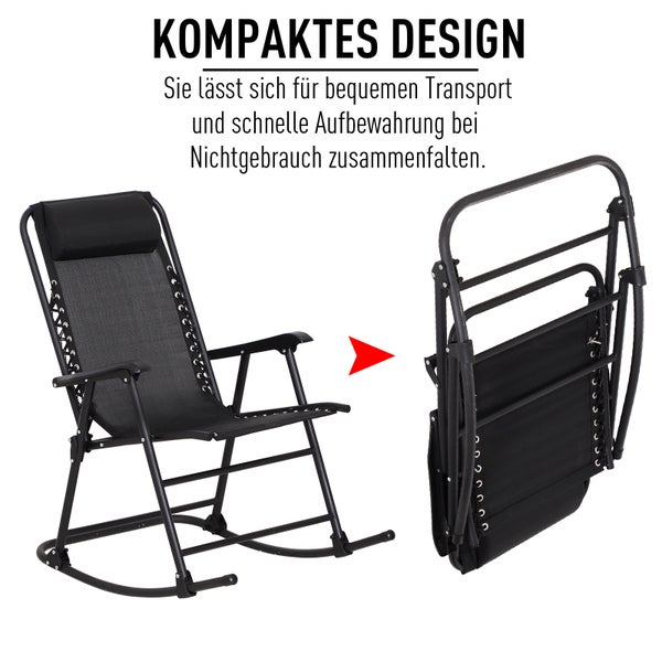 Outsunny Schaukelstuhl, Klappbare Schwingsessel, mit Kopfkissen, bis 120 kg, 90 x 64 x 110 cm, Stahl + Texteline, Schwarz
