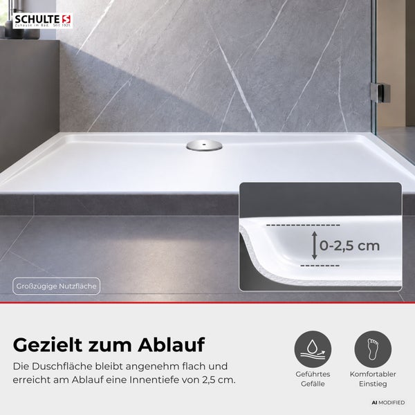 Schulte Duschwanne mit niedrigem Einstieg und integriertem Ablauf. Infografik zeigt 2,5 Zentimeter Innentiefe und geführte Ablaufneigung im Bad.