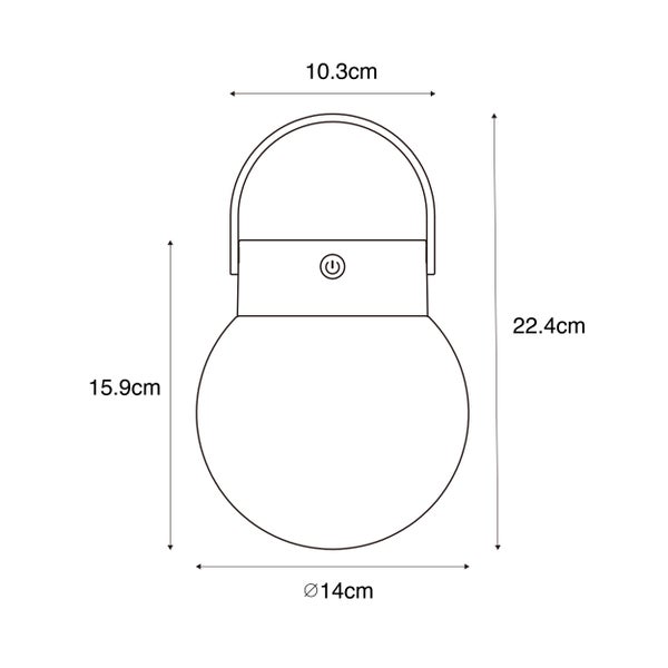 Maßzeichnung Leuchte mit Bügel: Gesamthöhe 22,4 Zentimeter, Korpushöhe 15,9 Zentimeter, Durchmesser 14 Zentimeter, Bügelbreite 10,3 Zentimeter.