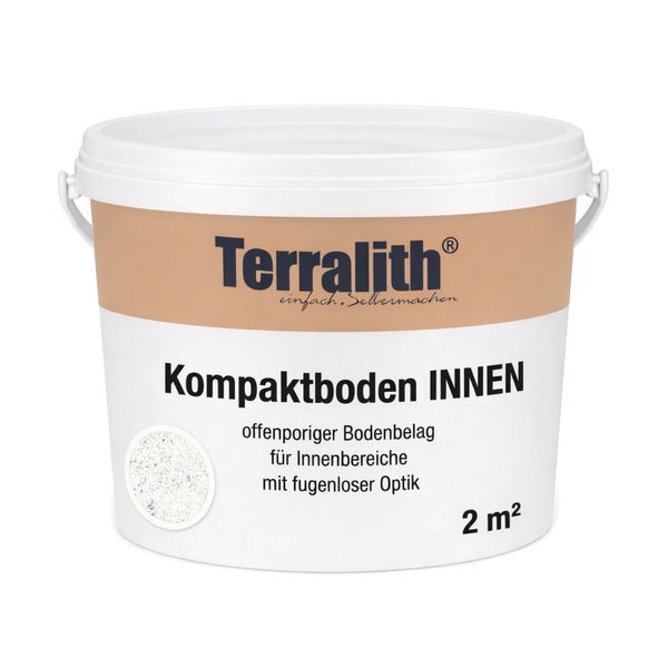 Terralith Kompaktboden für den Innenbereich, weiß gesprenkelt, offenporig mit fugenloser Optik für 2 Quadratmeter im Kunststoff-Eimer.