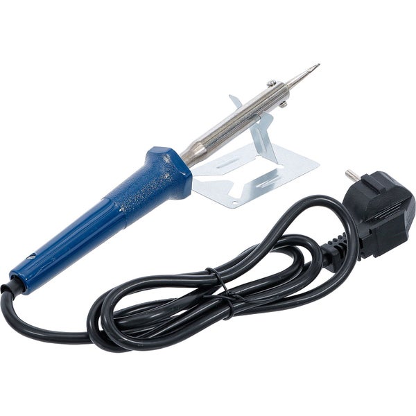 Lötkolben mit blauem Kunststoffgriff, Metallschaft und abgewinkelter Spitze inklusive schwarzem Netzkabel mit Stecker.