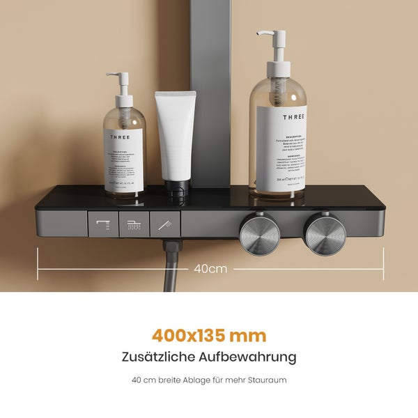 EMKE Duschsystem mit Thermostat, LED-Temperaturanzeige, Regendusche 36 x 24 cm, 4 Strahlarten, höhenverstellbare Brausestange, Anthrazit Matt