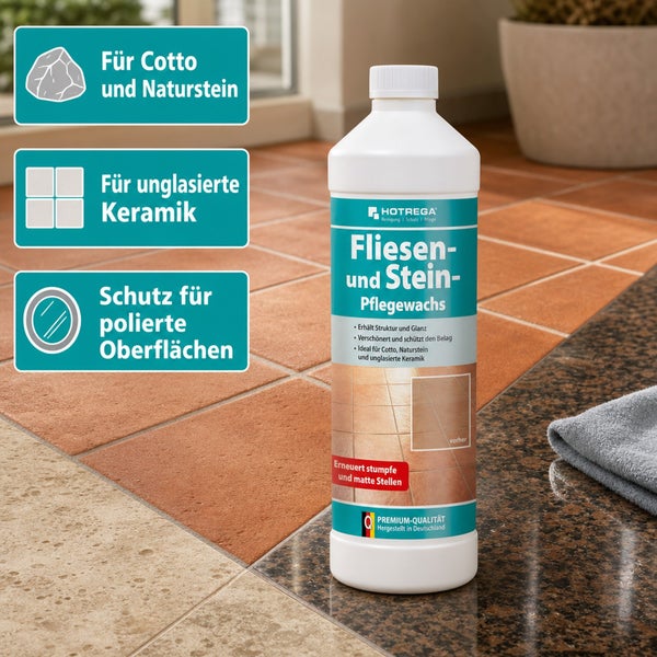 Flasche Hotrega Fliesen und Stein Pflegewachs zur Reinigung und Pflege von Cotto, Naturstein, unglasierter Keramik sowie polierten Oberflächen.