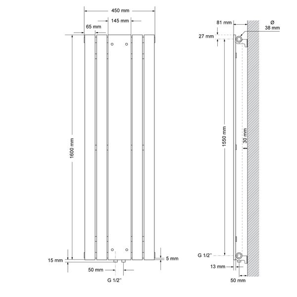 ML-Design Badheizkörper Flach Mittelanschluss 1600x450mm Anthrazit & Spiegel Anschlussarmatur Universal Eck- und Durchgangsform Multiblock Thermostat Paneelheizkörper Spiegelheizkörper Glasheizkörper