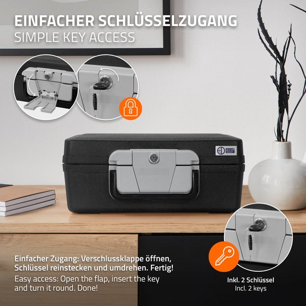 ECD Germany Dokumentenbox DIN A4, 39x33x16 cm 7L, Feuerfeste wasserdichte Dokumentenkassette, Sicherheitskoffer für Dokumente, Sicherheitskassette abschließbar 2 Schlüssel, Geldkassette mit Tragegriff