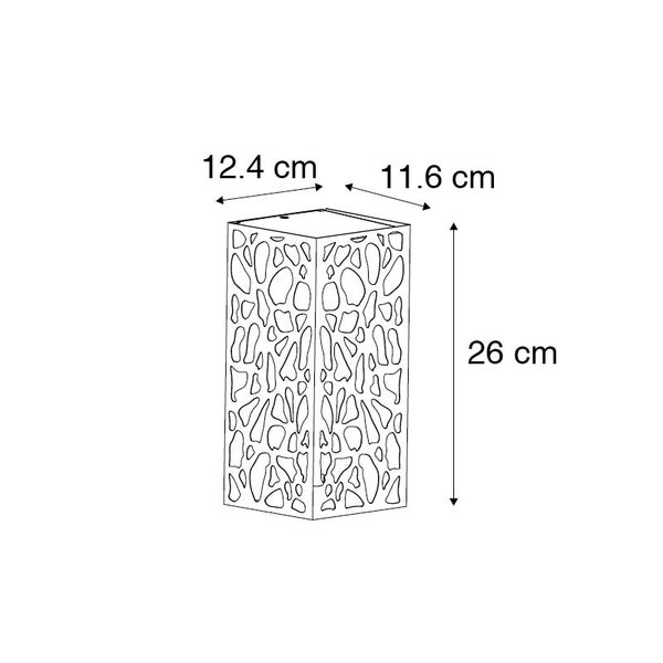 Skizze einer rechteckigen Leuchte mit dekorativem Muster und Maßangaben: 12,4 Zentimeter breit, 11,6 Zentimeter tief und 26 Zentimeter hoch.