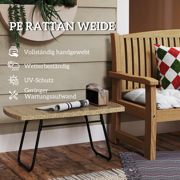 Outsunny Polyrattan Gartentisch, 90 x 50 x 45 cm, UV-beständig Beistelltisch mit Glasplatte, rechteckiger Terrassentisch, Balkontisch für Garten, Terrasse, Balkon Naturholz