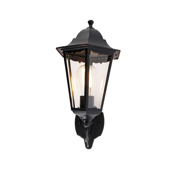 Klassische Außenwandleuchte in Schwarz mit klarem Glas und leuchtendem Filament-Leuchtmittel.