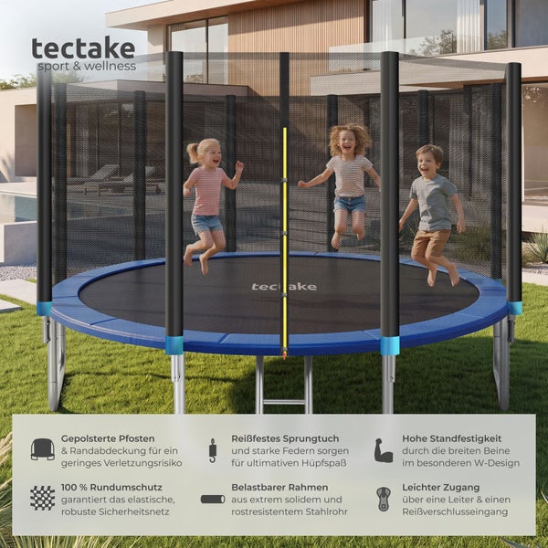 tectake Logo. Gartentrampolin mit Sicherheitsnetz, gepolsterten Pfosten und Leiter. Kinder springen auf der Sprungfläche im Garten.