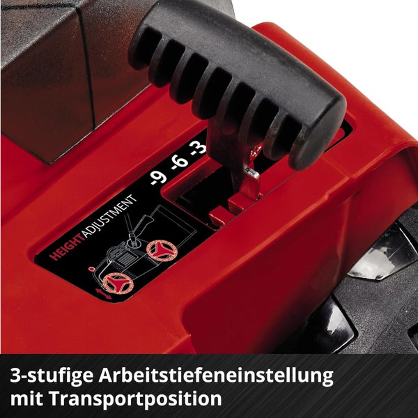 Dreistufige Arbeitstiefeneinstellung eines Vertikutierers mit Einstellhebel, Skala und Transportposition.