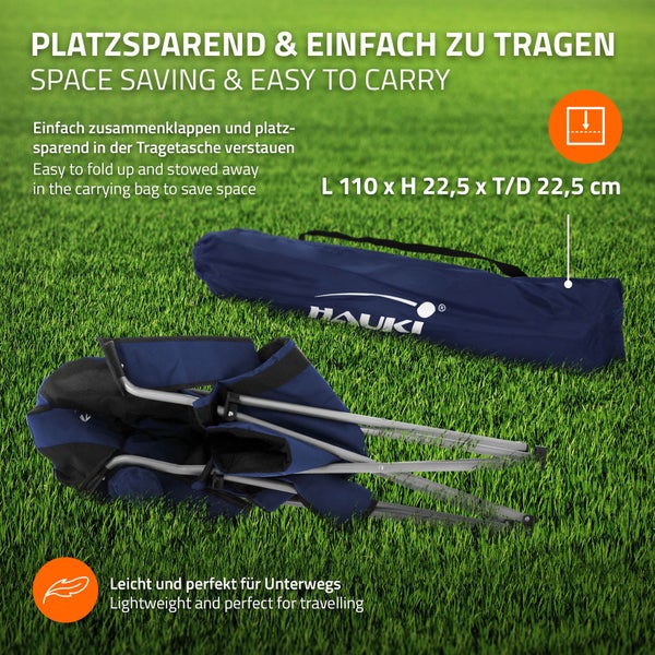 Hauki Campingstuhl faltbar, Blau, Anglerstuhl mit Getränkehalter & Tragetasche, Gartenstuhl klappbar, bis 150kg, Übergroßer Klappstuhl mit Hochlehner, Gepolster Faltstuhl leicht, Angelstuhl tragbar