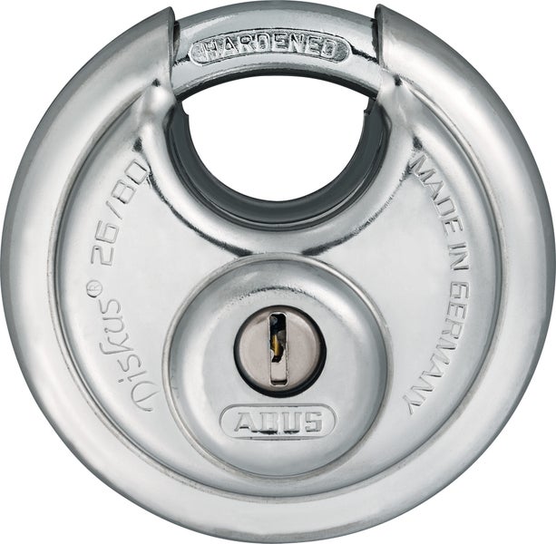 ABUS Diskus Vorhängeschloss 26/80 aus gehärtetem Stahl in runder Form.