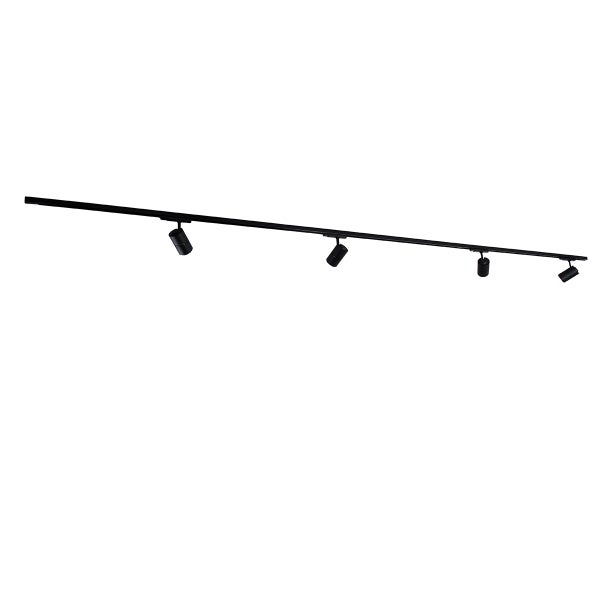 Schwarzes Schienensystem mit vier verstellbaren zylindrischen Strahlern.