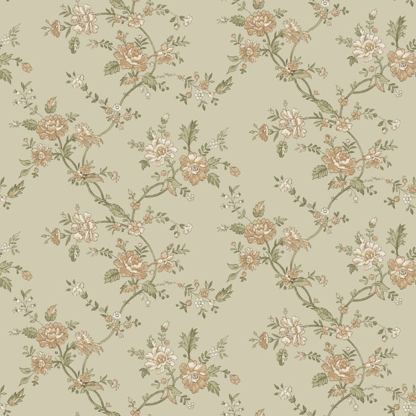 Tapete mit floralem Muster, filigrane Blumenranken mit Blättern und Blüten.