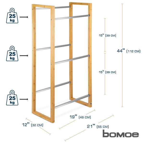 Bomoe Handtuchständer aus Bambus mit Maßen und Belastungsgewichten dargestellt