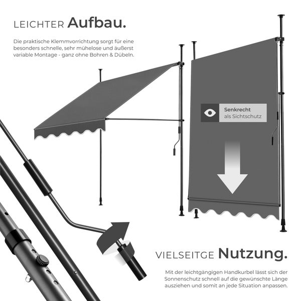 Klemmmarkise mit Teleskopstangen und Handkurbel, dargestellt als Sonnenschutz und senkrechter Sichtschutz, Montage ohne Bohren.