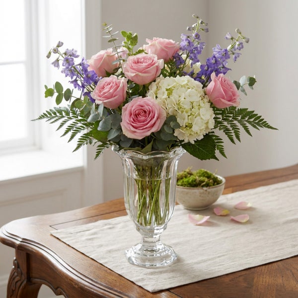 Blumenstrauß aus Rosen, Hortensien und Rittersporn in einer gläsernen Vase auf einem hölzernen Tisch mit Tischläufer.