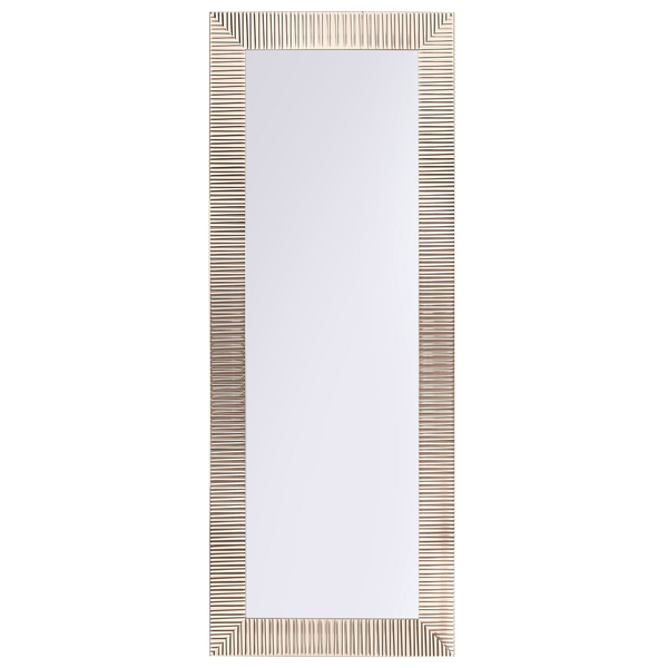 Rechteckiger Wandspiegel mit geriffeltem goldfarbenem Rahmen.