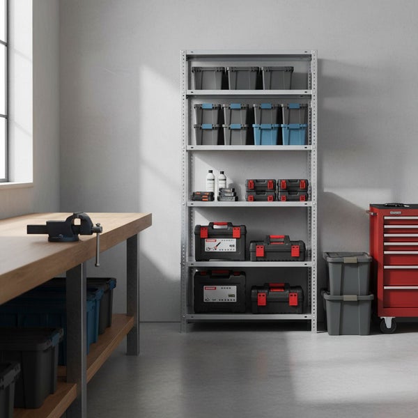 Helles, organisiertes Werkstatt-Szenario mit einem hohen Metallregal voller Werkzeugkoffer und Lagerboxen, einer Werkbank mit Schraubstock und einem roten Werkstattwagen.