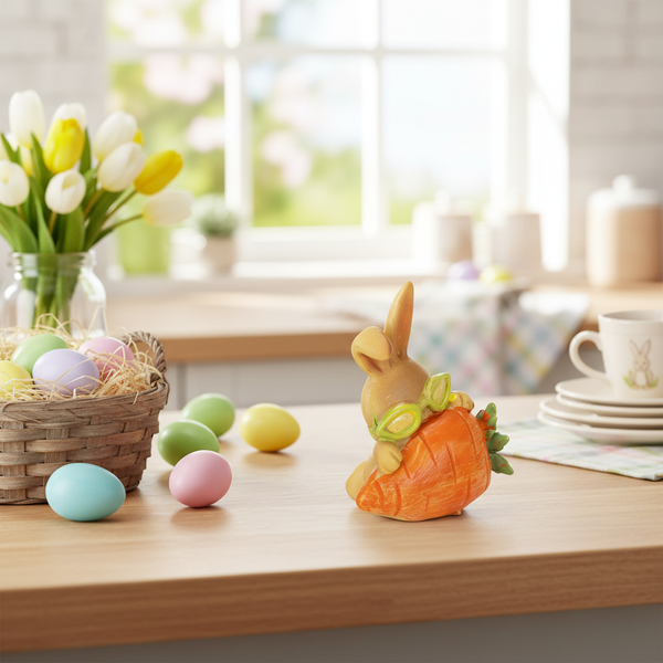 Osterdekofigur Hase mit Brille und Karotte auf Holztisch mit Korb voller Ostereier und Tulpen in einer hellen, aufgeräumten Küche.