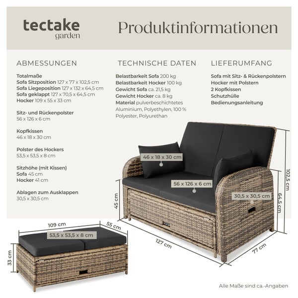 Rattan Sofa tectake Kreta mit Stauraum und Schutzhülle mit Aluminiumgestell natur