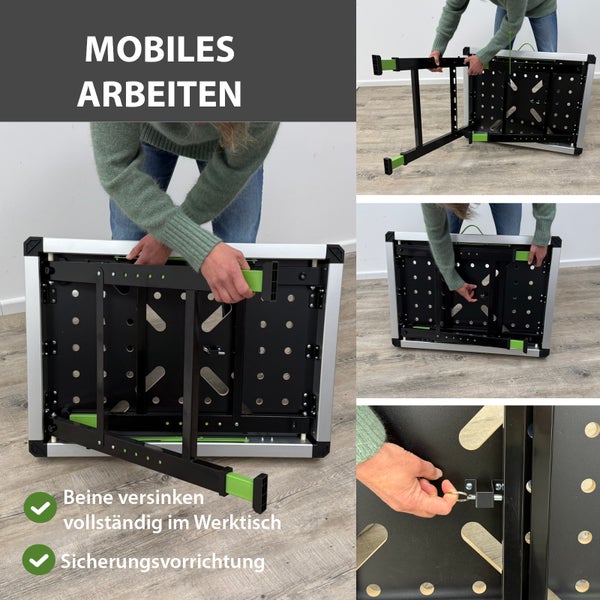Mobiler Werktisch mit einklappbaren Beinen für flexibles Arbeiten.