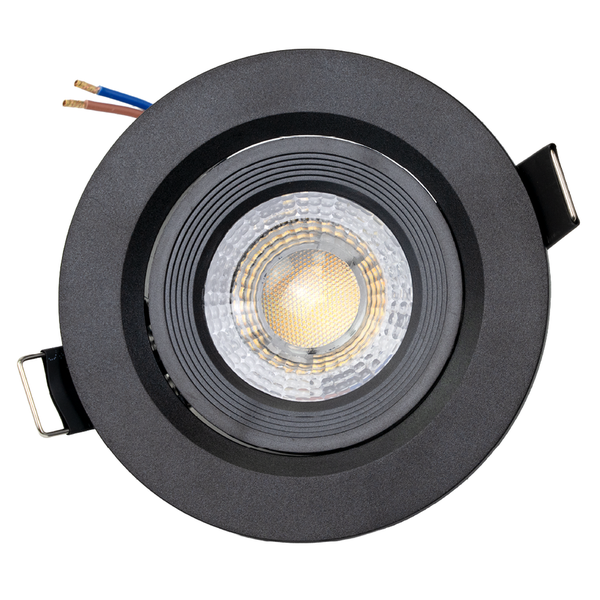 Schwarzer runder LED Einbaustrahler mit strukturiertem Gehäuse und Halteklammern