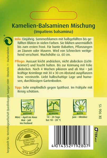 Rückseite der Samentüte Kamelien-Balsaminen Mischung mit Informationen zu Wuchshöhe circa 60 cm, Aussaat, Pflege, Blütezeit und Qualitätssiegel.