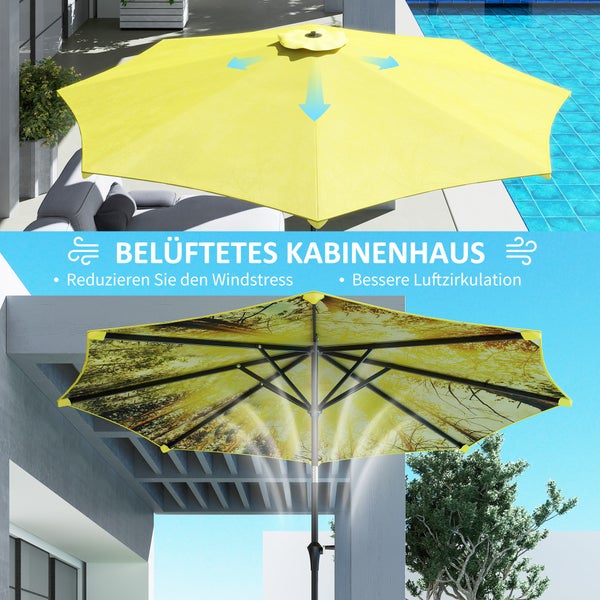 Outsunny Sonnenschirm Ø300 cm, Sonnenschirm mit Handkurbel, Muster，achteckig Balkonschirm Strandschirm windfest stabil Marktschirm Kurbelschirm Sonnenschutz für Strand Balkon Terrasse Garten, Gelb